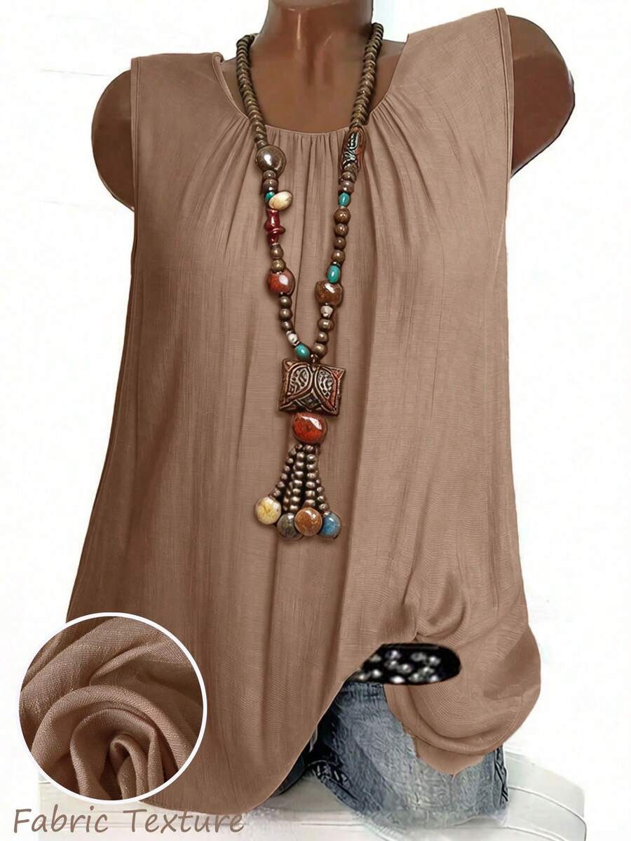 SHEIN LUNE CURVE Plus Size Casual Vacation Style Solid Color Tank Top - Khaki - View 1