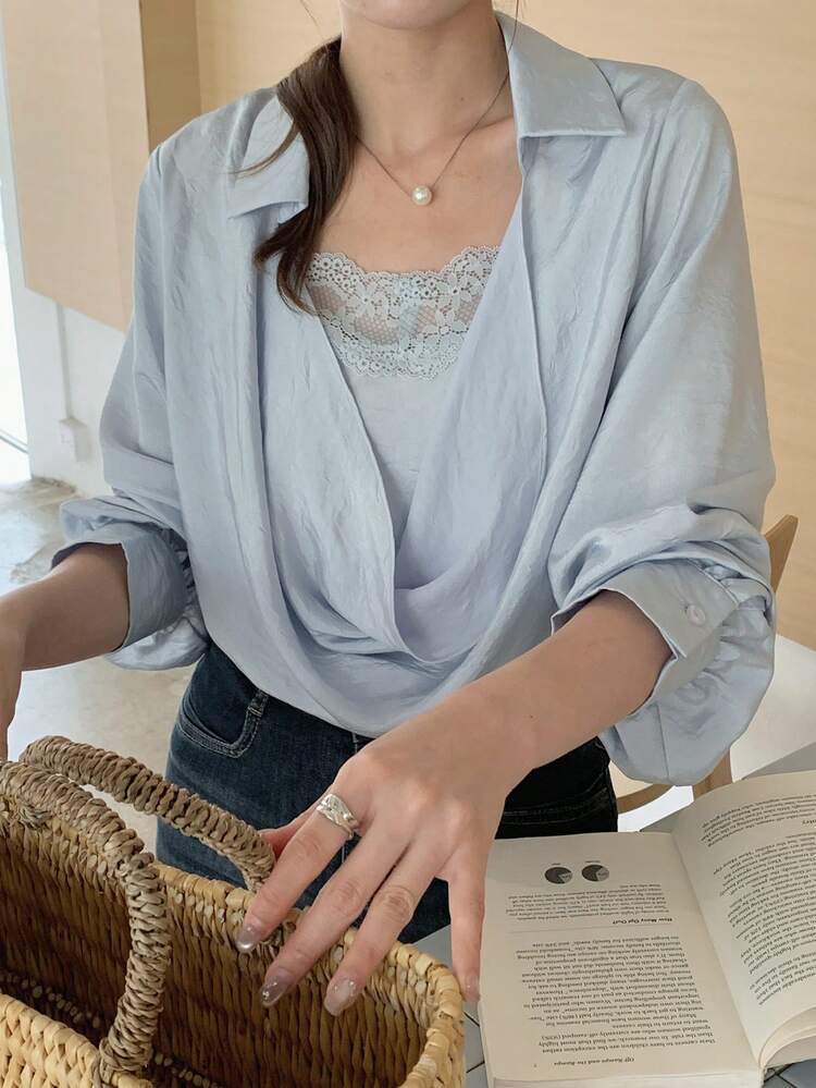 Solid Color Contrast Lace Casual Pullover 2 In 1 Long Sleeve Blouse, Summer