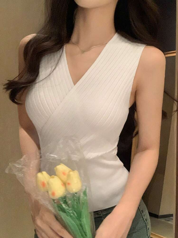 Women's Solid Color V-Neck Sleeveless Casual Vacation Summer Thin Knit Vest Cardigan