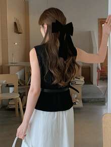DAZY Áo kiểu nữ thanh lịch cổ vuông tay dài, phối ren, viền bèo nhún, ôm sát, thích hợp cho mùa Thu/Đông. - màu đen - Xem 2