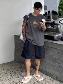 DAZY 男士夏季休闲宽肩带圆领字母印花背心 - 灰色 - 查看 6