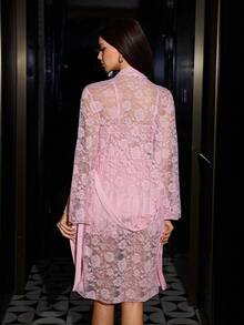 SilkySpell 女士粉色蕾丝拼接缎面睡袍，腰部系带，中长款睡袍，两件套睡衣 - 粉色 - 查看 10