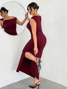 Firerie 大尺碼優雅正式晚餐酒紅色洋裝 夏季休閒雞尾酒晚宴禮服 無袖修身A字裙 開衩 金屬裝飾 抓皺 婚禮 - 酒紅色 - 查看 2