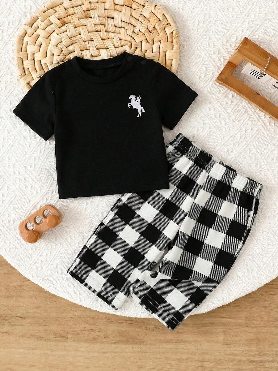 SHEIN 新生男婴简约刺绣图案圆领短袖格子宽松休闲睡衣套装,2件套 - 彩色 - 查看 1