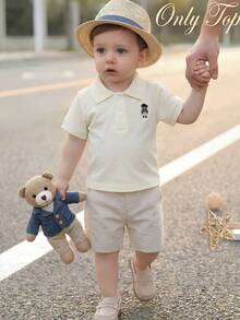 Souflis Souflis Newborn Baby Boy French Style Beige Short Sleeve Polo Shirt,Bear Embroidery White Summer Cute Carrer Day Outfit,Fashionable Clothes For School Play - Apricot - View 3