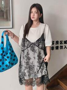 Dazy Plus 蕾丝拼接吊带背心二合一短袖休闲白色加大码女式春夏连衣裙太阳裙 - 黑與白 - 查看 3