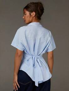 Women's Striped Short Sleeve Single-Breasted Tie-Back Shirt - Blue - View 1