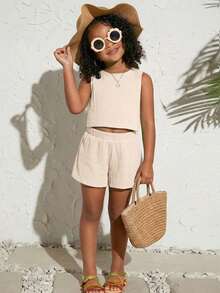 Young Girl Casual Texture Fabric Vest And Shorts Set - Apricot - View 2