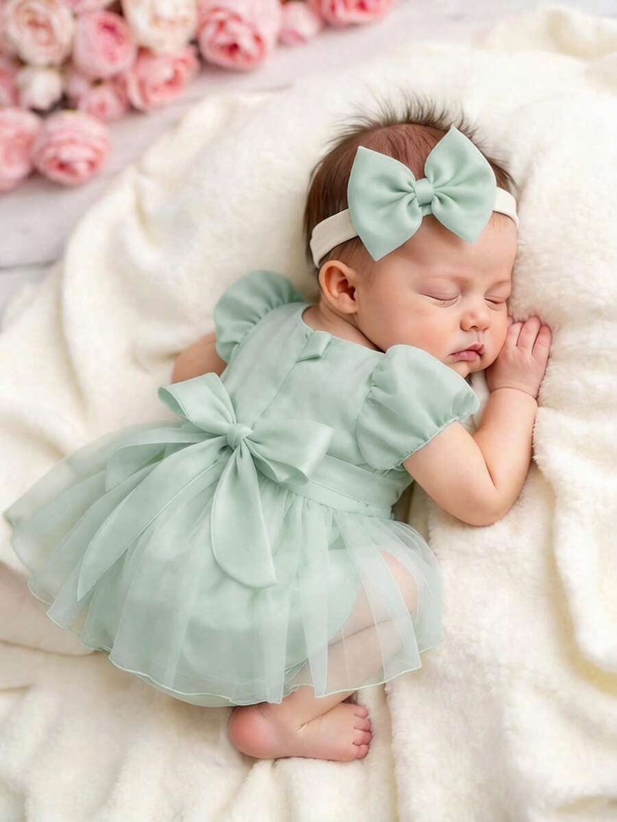 SHEIN Gaun Romper Bayi Perempuan Baru Lahir dengan Bando Pita, Ukuran 0-3 Bulan, Pakaian Fotografi Bayi Warna Kuning untuk Musim Semi dan Musim Panas - Hijau - View 1