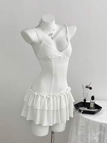 Elamini 女士V领蕾丝拼接针织弹力罗纹吊带连衣裙 - 白色 - 查看 6