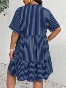 SHEIN Frenchy Plus Size Striped V-Neck Short Sleeve Dress - Multicolor - View 2