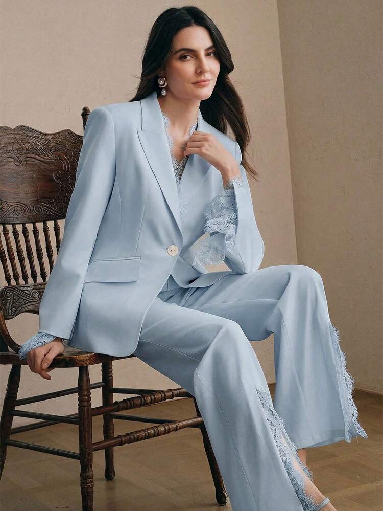 Anewsta Women's Elegant Lace Patchwork Blazer Suit, Formal Slim Fit Single-Button Jacket And Pants Set, Suitable For Party, Chic, Work, Graduation, Wedding, Red Dress