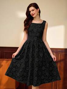 Vintamour Robe élégante sans manches à col carré avec poche, couleur unie, style vintage. Tenue d'été pour vacances, robe d'invitée de mariage, robe d'anniversaire élégante pour femme. Tenues élégantes pour femmes pour la rentrée, les vacances, l'automne, l'église, les festivals. Tenues de brunch chic pour femmes. - Noir - Voir 3