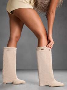 CUCCOO SZL Women's Pointed Toe Chunky Heel Suede Western Boots, Slim Fit Tall Boots For Christmas Spring Shoes - Apricot - View 6