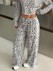 SHEIN EZwear 豹纹针织阔腿运动裤 - 灰色 - 查看 3