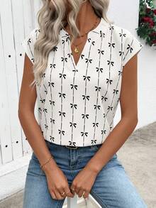 Women's Spring/Summer Bow Print Cutout Collar Batwing Sleeve Blouse - White - View 7