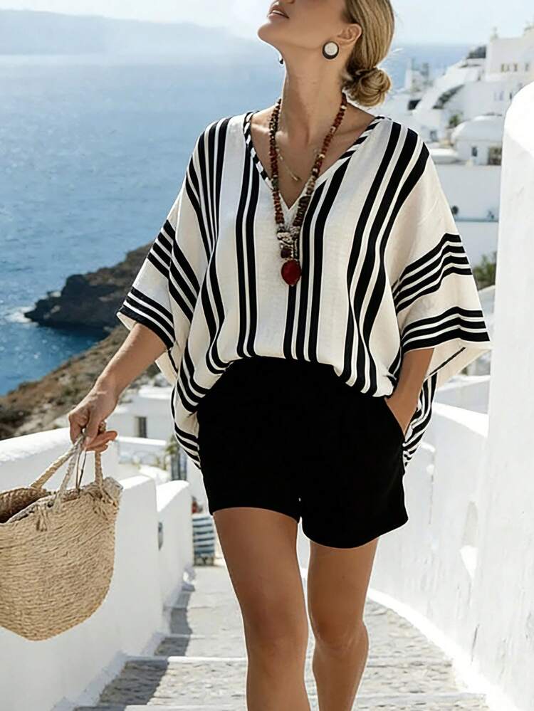 SHEIN Tall Women's V-Neck Black & White Striped Loose Short Sleeve Long Shirt, Summer Vacation Zebra Larsson Outfit Zebra Print Top Summer New Arrival Casual Vacation Beach Sunbathi - Black and White - View 4