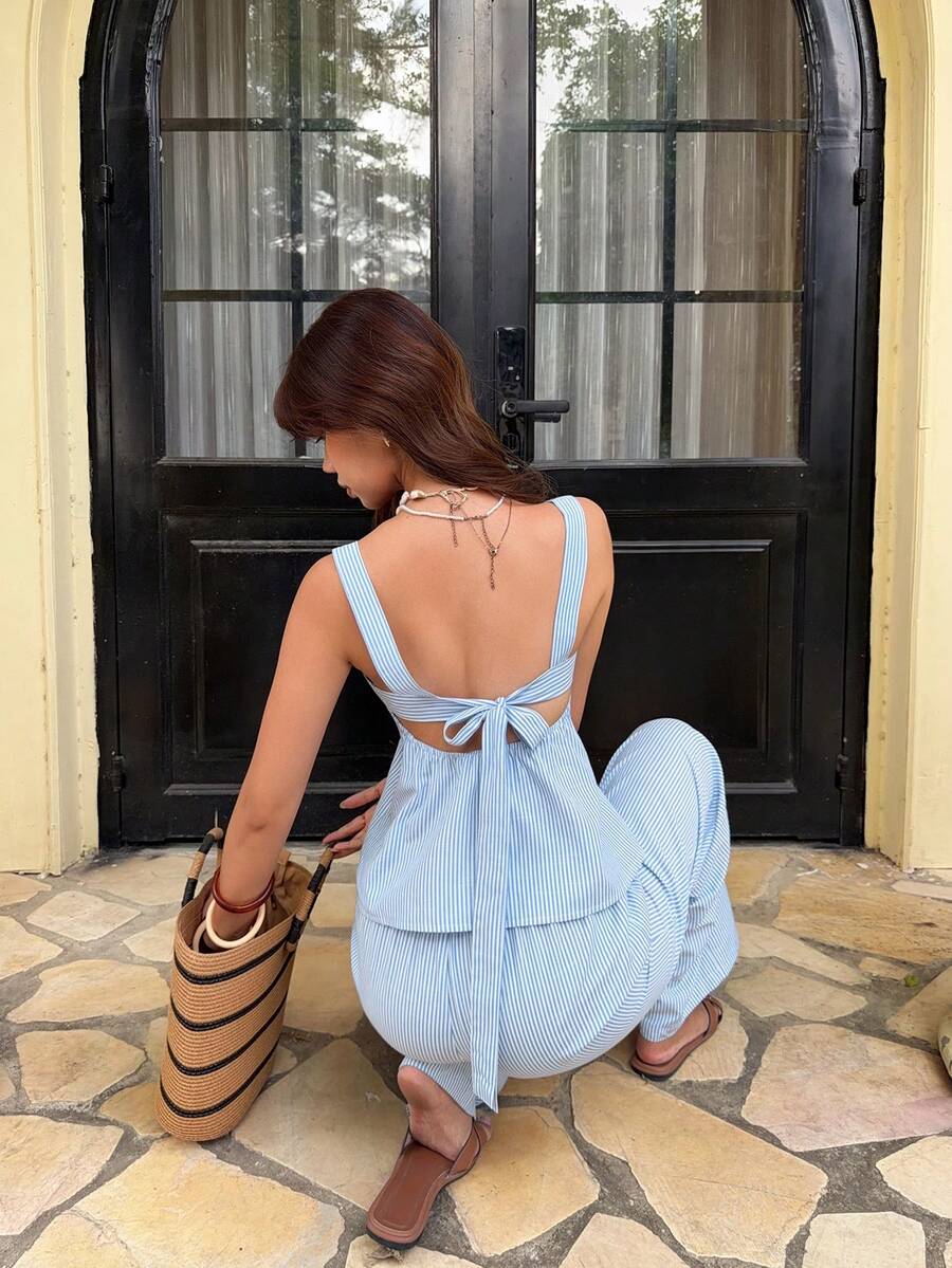 Serisse Women's Summer Casual Striped Ruffle Hem Tie Back Top And Pants 2 Piece Set - Blue and White - View 1