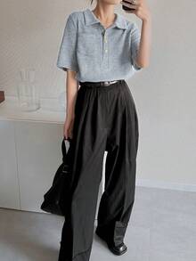 FRIFUL Women's Polo Collar Fitted Metal Button Decor Short Sleeve T-Shirt, Summer - Light Grey - View 4