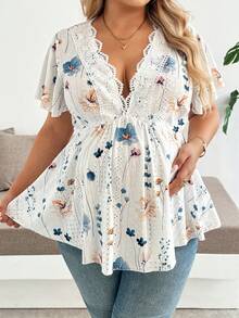 Plussiva Atasan Babydoll Hamil Ukuran Besar untuk Liburan Pantai Musim Panas Motif Bunga Leher V Dalam dengan Renda Kontras - MultiWarna - View 4