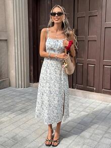 Pariaura 女士印花扭结褶皱休闲吊带连衣裙 - 藍色 - 查看 3