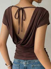 SHEIN EZwear 女士休闲棕色针织露背短袖露脐T恤 - 咖啡棕 - 查看 1