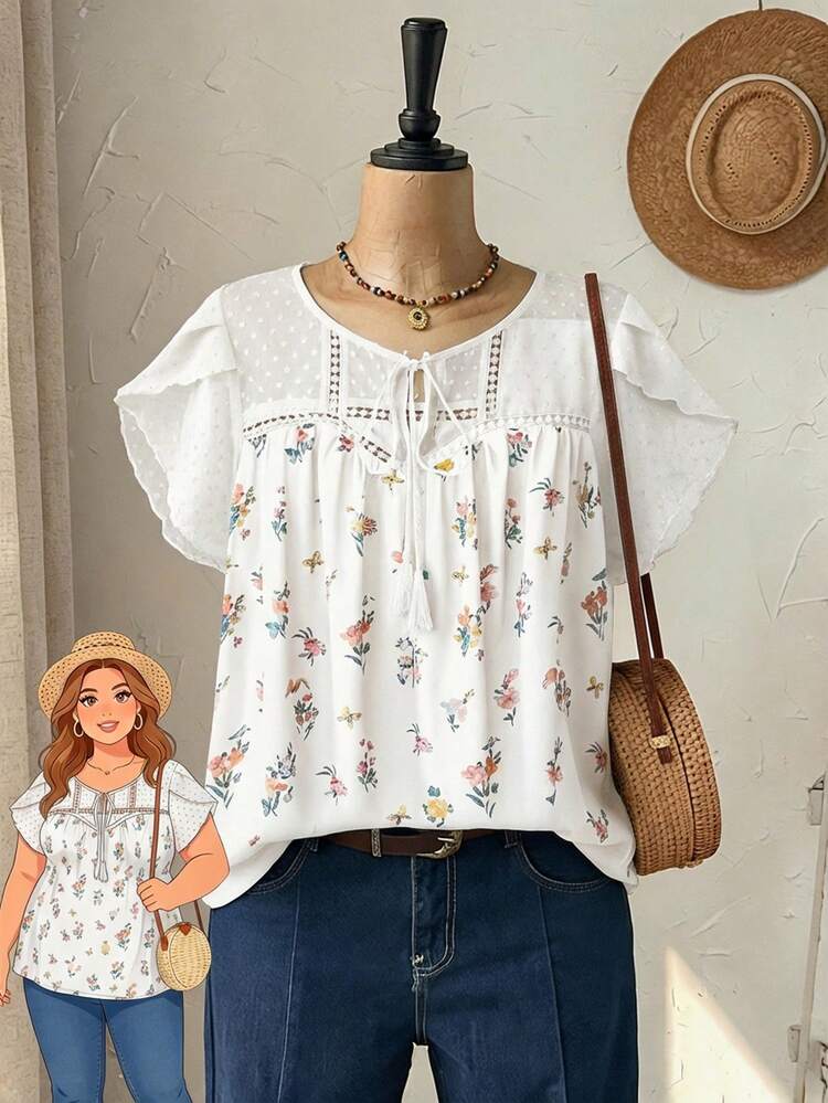 Plus Size Women Spring Casual Vacation Floral Print Petal Sleeve Blouse