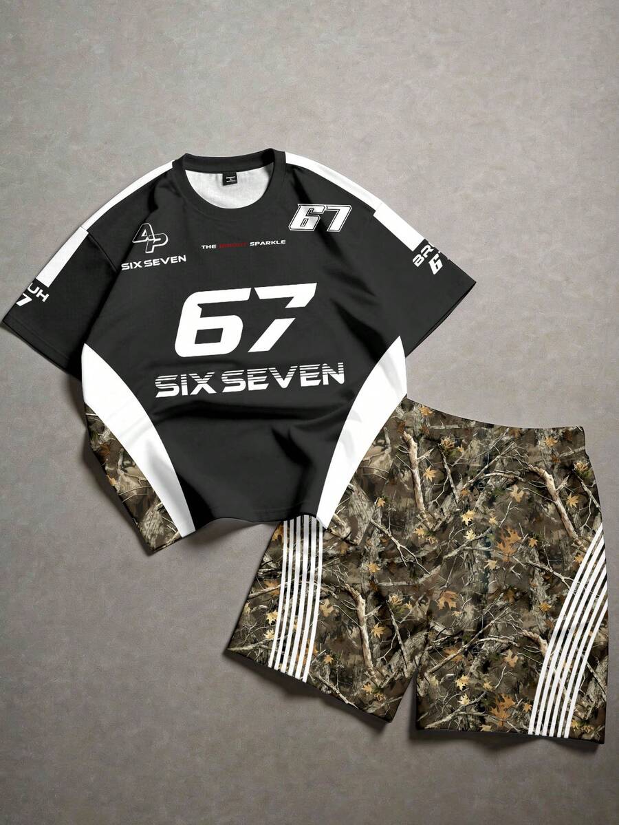 青少年男童休闲舒适时尚简约圆领短袖T恤短裤套装,经典酷炫文字和图案印花,适合运动,Y2K风格 - 彩色 - 查看 1