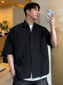 DAZY Áo sơ mi nam tay ngắn cài nút phía trước màu trơn, cổ bẻ cho trang phục công sở mùa hè - màu đen - Xem 4