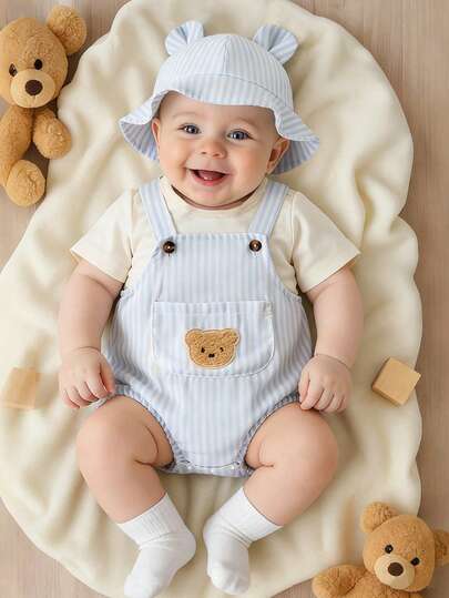 SHEIN Playful Pals A 2-Piece Set Of A Baby Boy's Blue And White Striped, Clean Round-Neck T-Shirt And A Backless One-Piece Dress, Along With A Matching Bear-Ear Sun Hat Of The Same Series. The Style Is Cute, Soft And Casual. It Is Made Of Knitted And Woven Fabrics, With A Loose Fit, An Open Shoulder Button Design, Adjustable Shoulder Straps, And A Chest Pocket With A Three-Dimensional Bear Pattern. It Is Suitable For Newborn's First Moon Celebration, 100-Day Banquet, Attending Parties, Outdoor Walks, Etc.