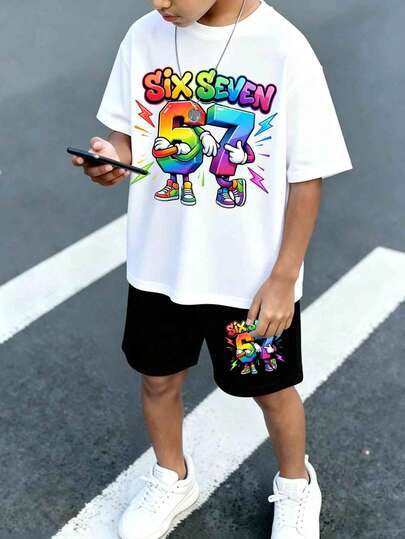 2pcs/Set Boys' Casual Colorful Gradient Number 67 & Lightning Graphic Tee And Shorts Set, Comfortable Daily Wear For Spring, Summer & Autumn