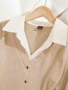 Franclia Women's Beige Summer Casual Elegant Office Shirt Collar Contrasting Color Pleated Top,Formal Business Work Commuting Wear,Fashionable Teacher Attire - Apricot - View 4