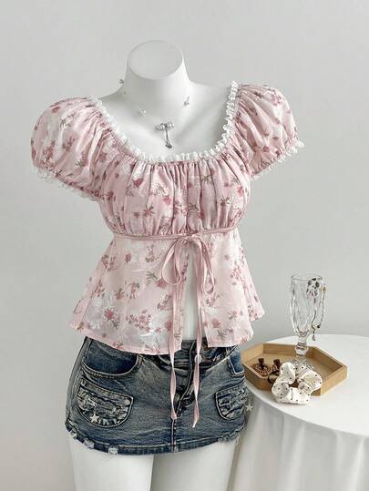 Elamini Áo kiểu nữ màu hồng chấm bi họa tiết hoa nhí, cổ vuông, viền ren, thắt nơ ở eo, tay ngắn, thích hợp cho đi biển, dã ngoại, đa năng.