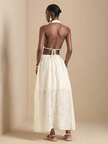 Lyxana Women's Off-White Textured Jacquard Fabric Halter Backless Cinched Waist Back Design Metal Ring Hollow Out A-Line Dress Sexy Elegant Tropical Vacation - Apricot - View 2