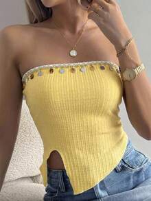 Livesso Áo hai dây nữ màu trơn, xẻ tà, đính hạt cườm, thích hợp cho mùa hè. - Vàng nhạt - Xem 6