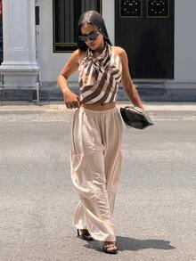 Slaydiva 夏季新款休闲基本款时尚抽绳口袋褶皱亚麻质感长款哈伦裤 - A - 杏色 - 查看 3