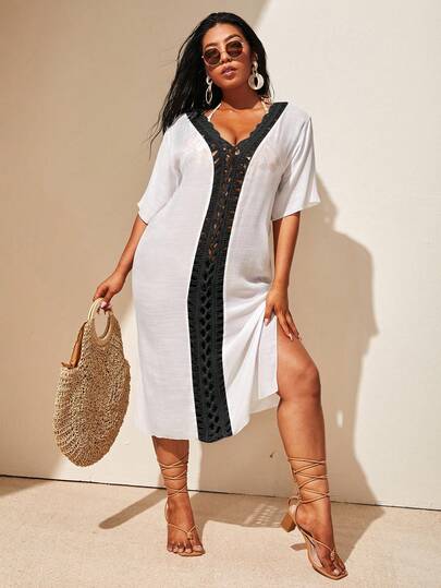 Swim Lushoire Vestido de cubrir de manga corta con contraste de color para vacaciones de mujer talla grande