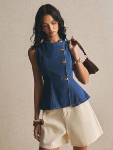 Poéselle Women's Metal Button Single-Breasted Sleeveless Denim Top - Dark Wash - View 7