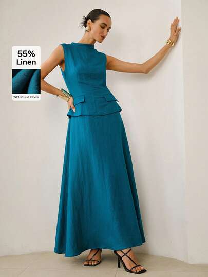 ZEYLAH Đầm vải lanh không tay cổ tàu, đầm hè màu trơn thanh lịch.