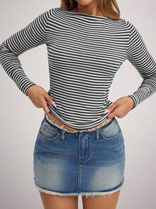 SHEIN Forever 21 Camiseta casual de mujer de cuello de barco a rayas de manga larga y ajustada - Gris - Ver 5