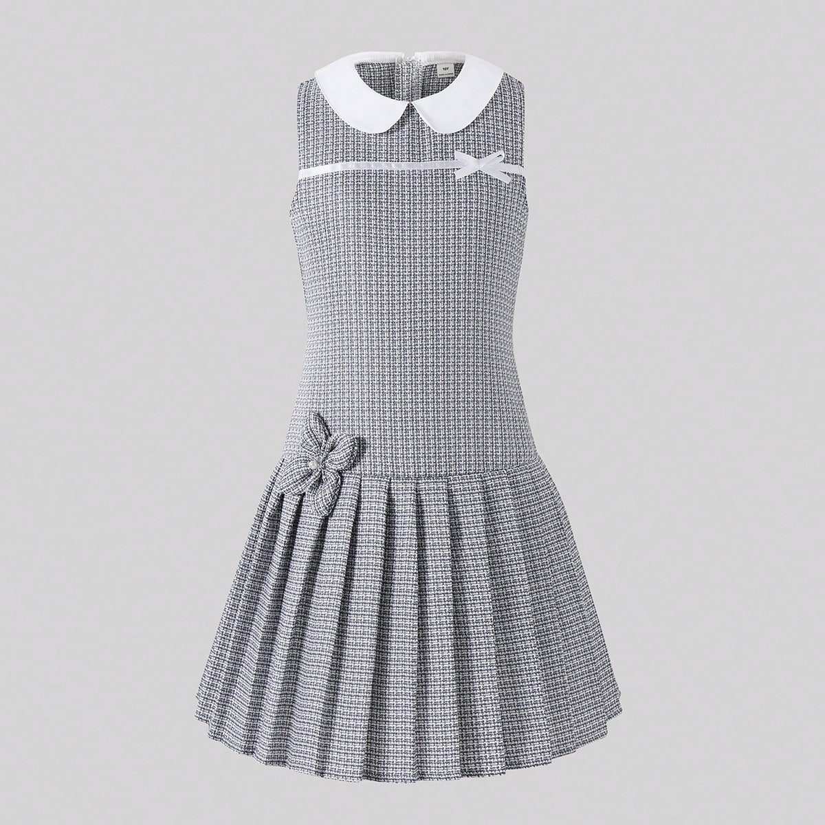 Vestido con cuello Peter Pan tejido, cintura ceñida con flores 3D para niñas preadolescentes, elegante y versátil, cómodo para salidas, vacaciones