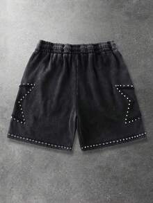 ROMWE MEN Street Life Men's Elastic Waist Drawstring Rivet Decor Casual Shorts, Summer - Black - View 2