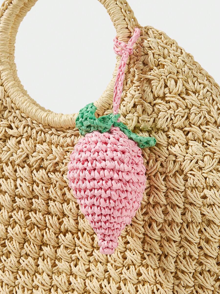 SHECARRY 1 pièce Sac à fruits tressé en paille de style mode pour vacances au bord de , convient pour les sacs en paille, les vacances, l'été, la plage, le bord de mer - Rose pâle - Voir 1