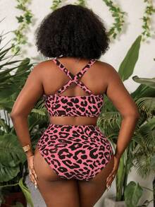 Slaydiva Plus Size Women's 2pcs Leopard Print V-Neck High Waist Triangle Bikini Swimwear Vacation Summer - Multicolor - View 2