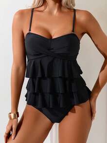 Swim Basics 新款性感优雅女士吊带泳衣套装，多层荷叶边黑色纯色面料，可拆卸肩带，挂脖分叉吊带泳衣套装，适合海滩、度假、游泳 - 黑色 - 查看 5