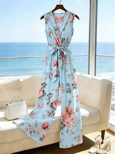 Franclia Bộ jumpsuit nữ mùa hè in họa tiết hoa, thiết kế ống rộng, thắt eo, thanh lịch và thời trang.