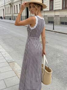 Pariaura 2026新款女士波点缎面吊带连衣裙，蕾丝边饰，V领无袖开衩长裙，优雅春夏度假约会晚宴长裙 - 黑與白 - 查看 2