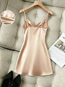 SHEIN Franclia Chân váy ngắn nữ kiểu dáng mới, cổ xếp ly, dây mảnh, eo thon, xẻ tà, thích hợp cho dạ hội, tiệc tùng, hẹn hò. - Rượu sâm banh - Xem 2