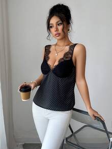 Rafferiza Women's Elegant Sexy Vintage Black And White Polka Dot Polka Dot Lace Collar Sleeveless Top, Sweet Style For Dates Night Out Summer - Black - View 5