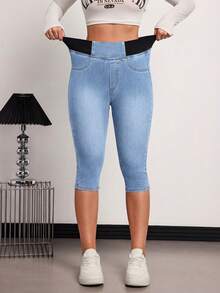 SHEIN Tall 夏季女款休閒外出日常通勤簡約百搭高腰鬆緊腰 3/4 長度緊身牛仔褲，適合高個女性 - 淺色水洗藍 - 查看 3